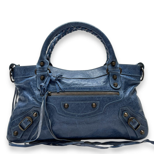 First Blue Shoulder Bag in Distressed Leather, Brushed Gold hardware