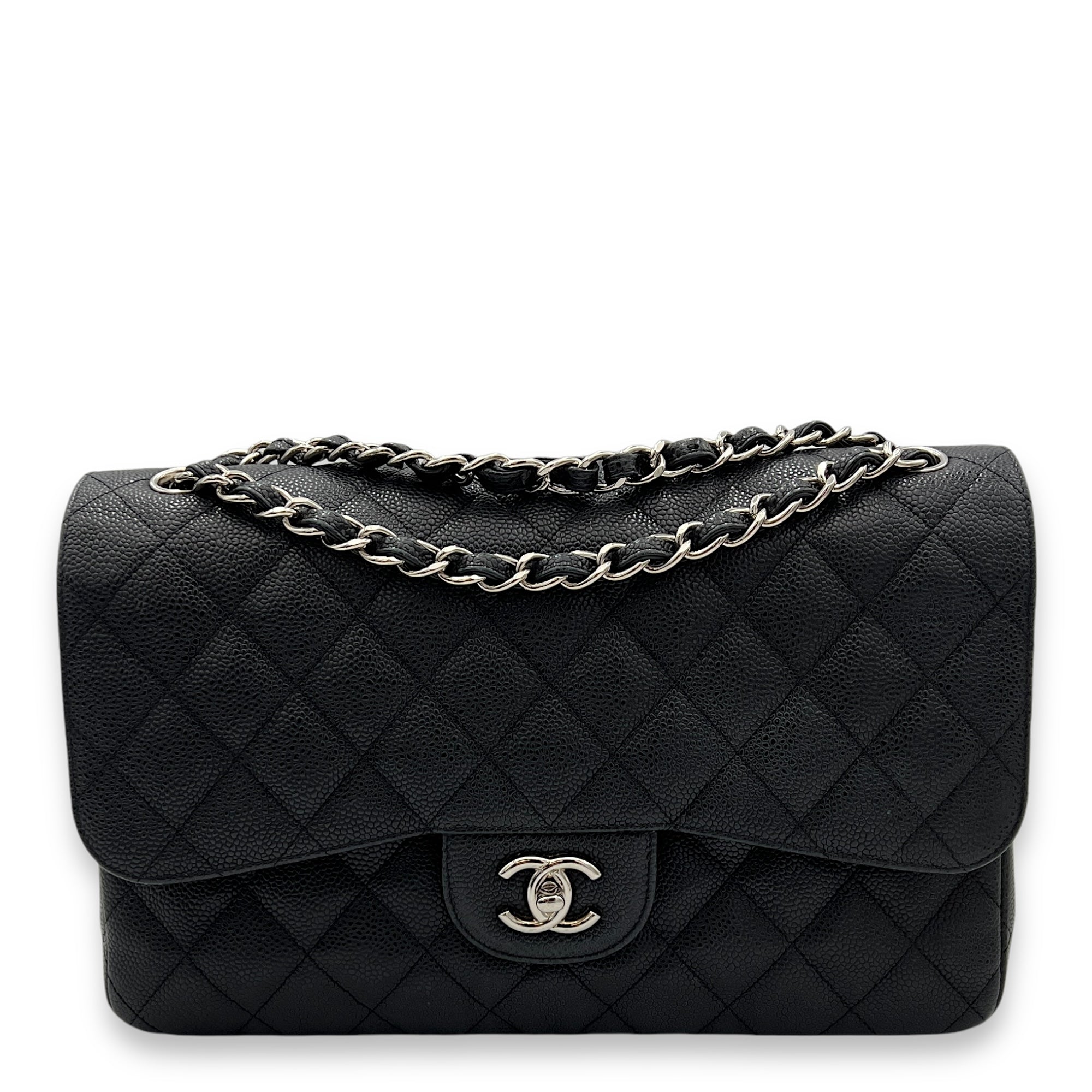 Classic Double Jumbo Black Shoulder Bag in Caviar Leather, Silver hardware