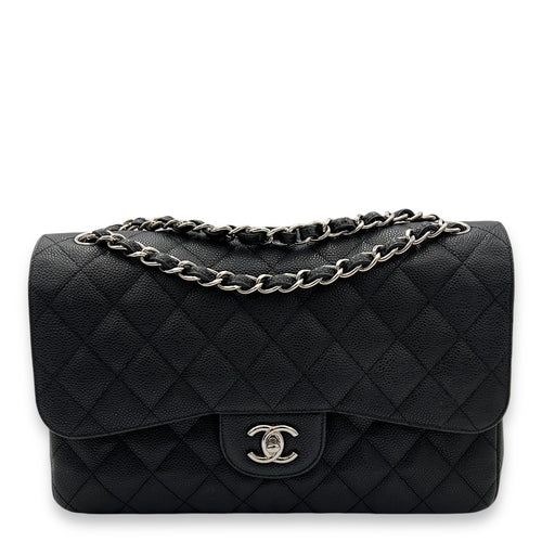 Classic Double Jumbo Black Shoulder Bag in Caviar Leather, Silver hardware