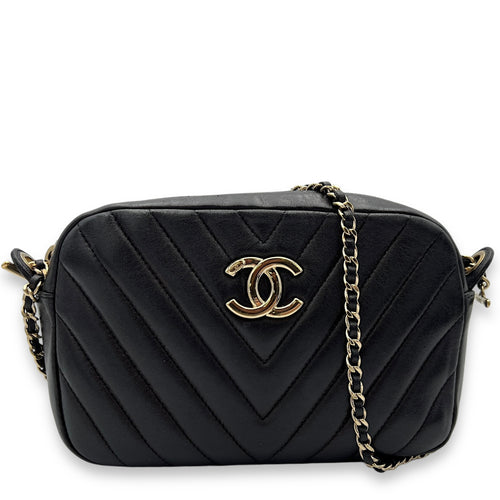 Camera Crossbody Bag Black in Calfskin, Gold hardware