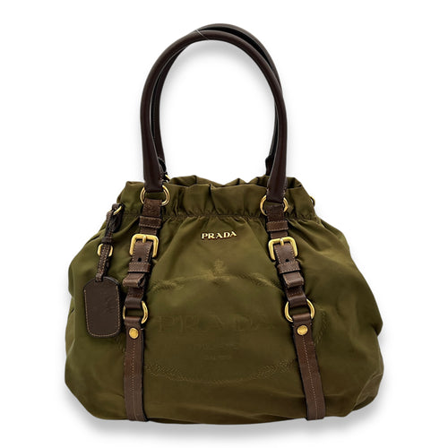 Logo Top Handle Bag Green in Nylon, Gold hardware