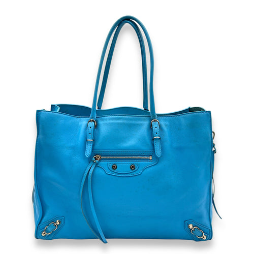 Papier Tote Bag Blue in Calfskin, Silver hardware