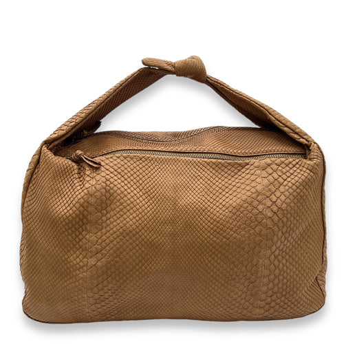 Hobo Brown Shoulder Bag in Python Leather, Gold hardware