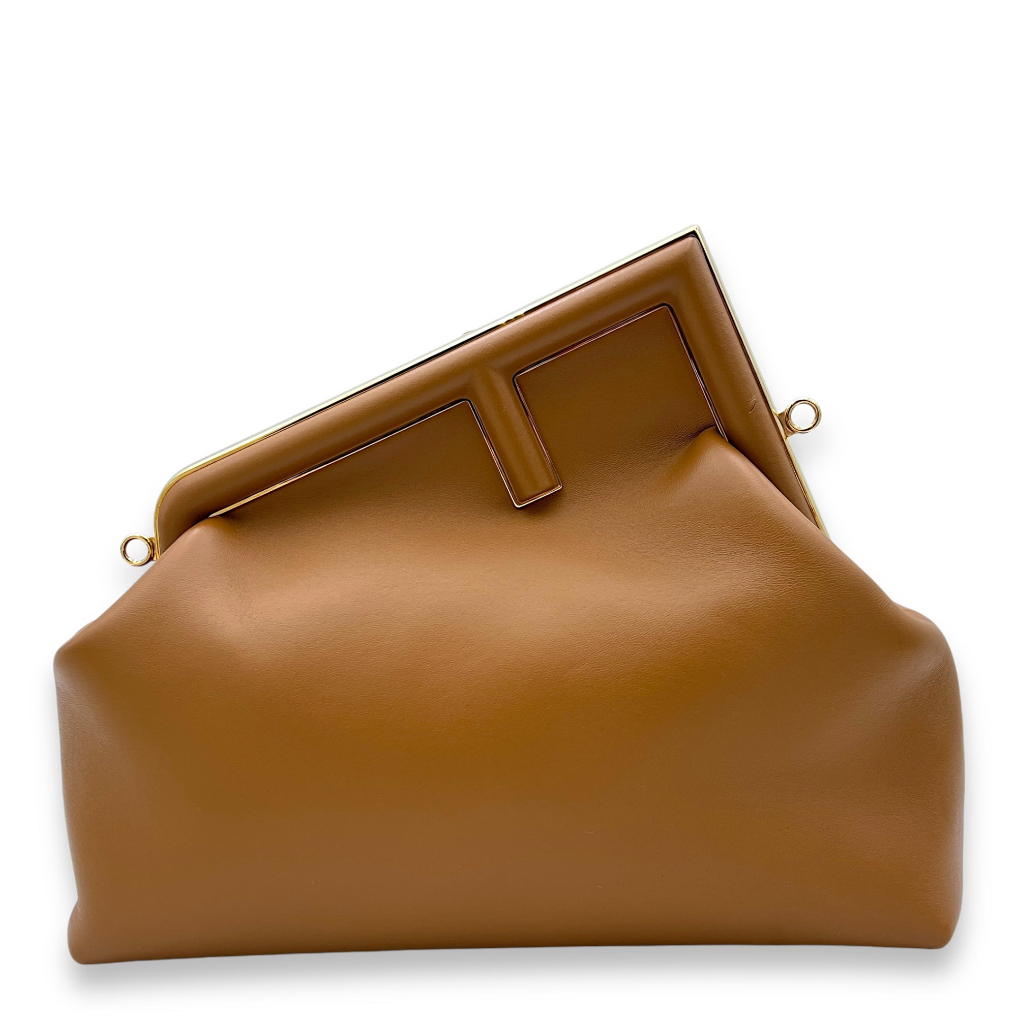 First Medium Brown Shoulder Bag in Calfskin, Gold hardware