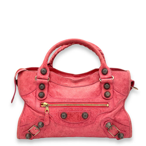 City Medium Pink Top Handle Bag in Distressed Leather, Rose Gold hardware