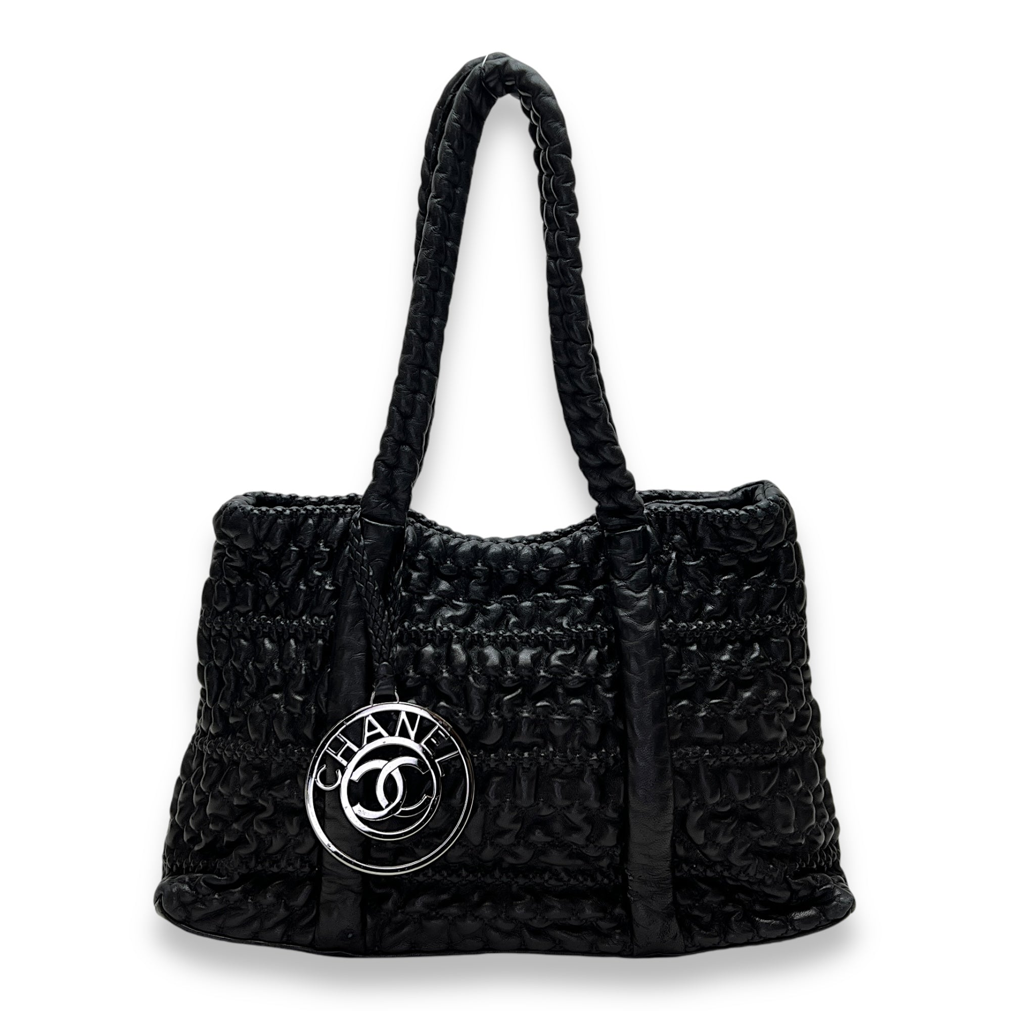 Hidden Chain Wrinkled Black Tote Bag in Lambskin, Silver hardware