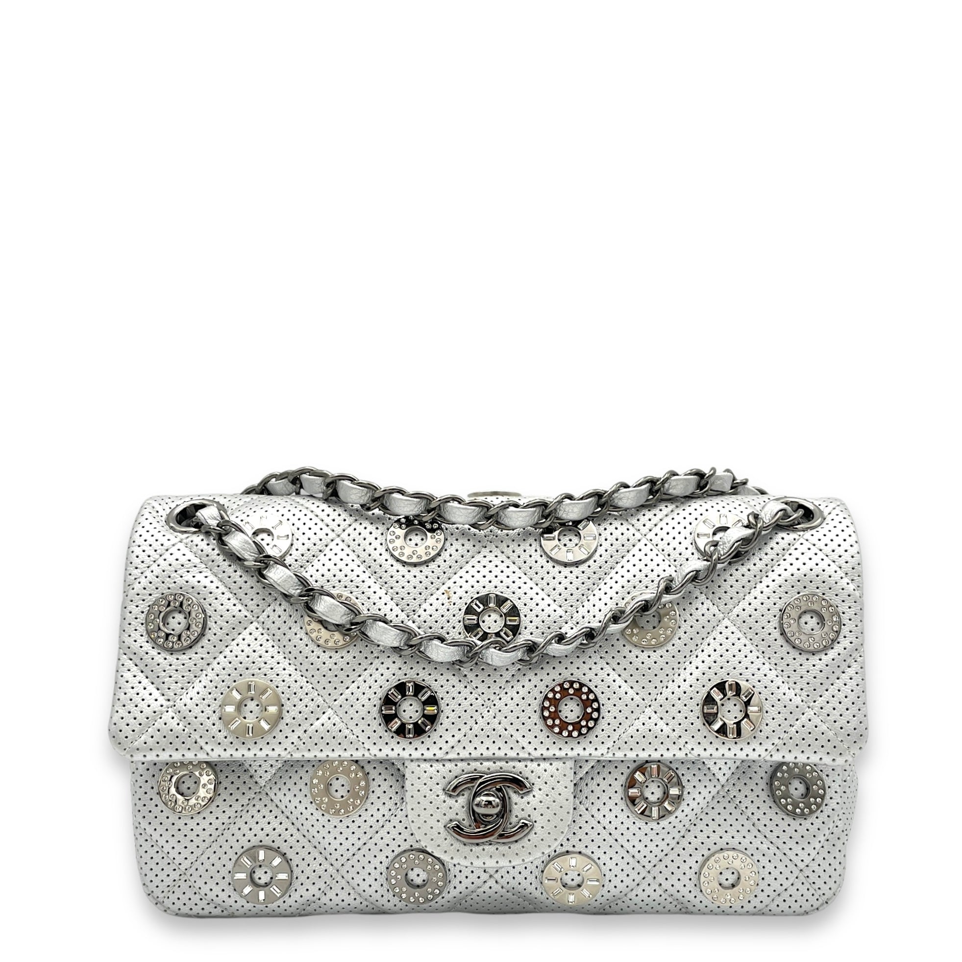 Paris Dubai Flap Silver Shoulder Bag in Perforated Lambskin, Silver hardware