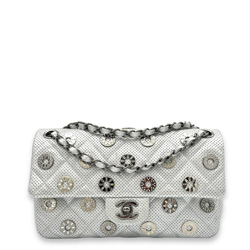 Paris Dubai Flap Silver Shoulder Bag in Perforated Lambskin, Silver hardware