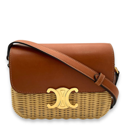 Triomphe Teen Brown Crossbody Bag in Wicker and Calfskin, Gold hardware