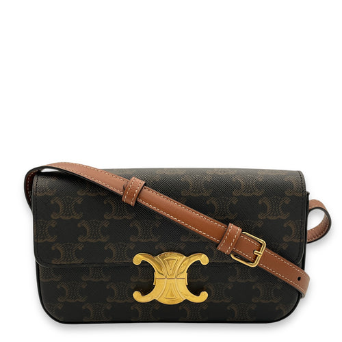 Triomphe Brown Shoulder Bag in Coated Canvas, Gold hardware