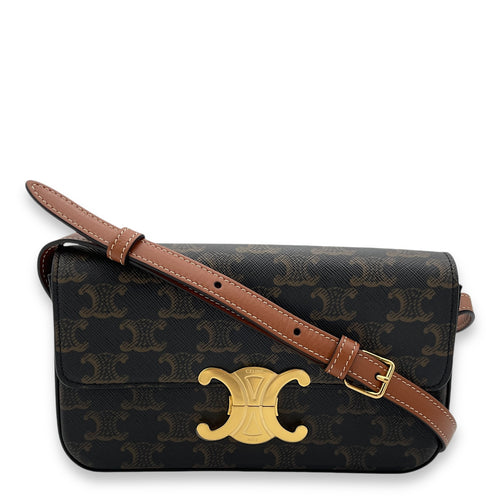 Triomphe Brown Shoulder Bag in Coated Canvas, Gold hardware