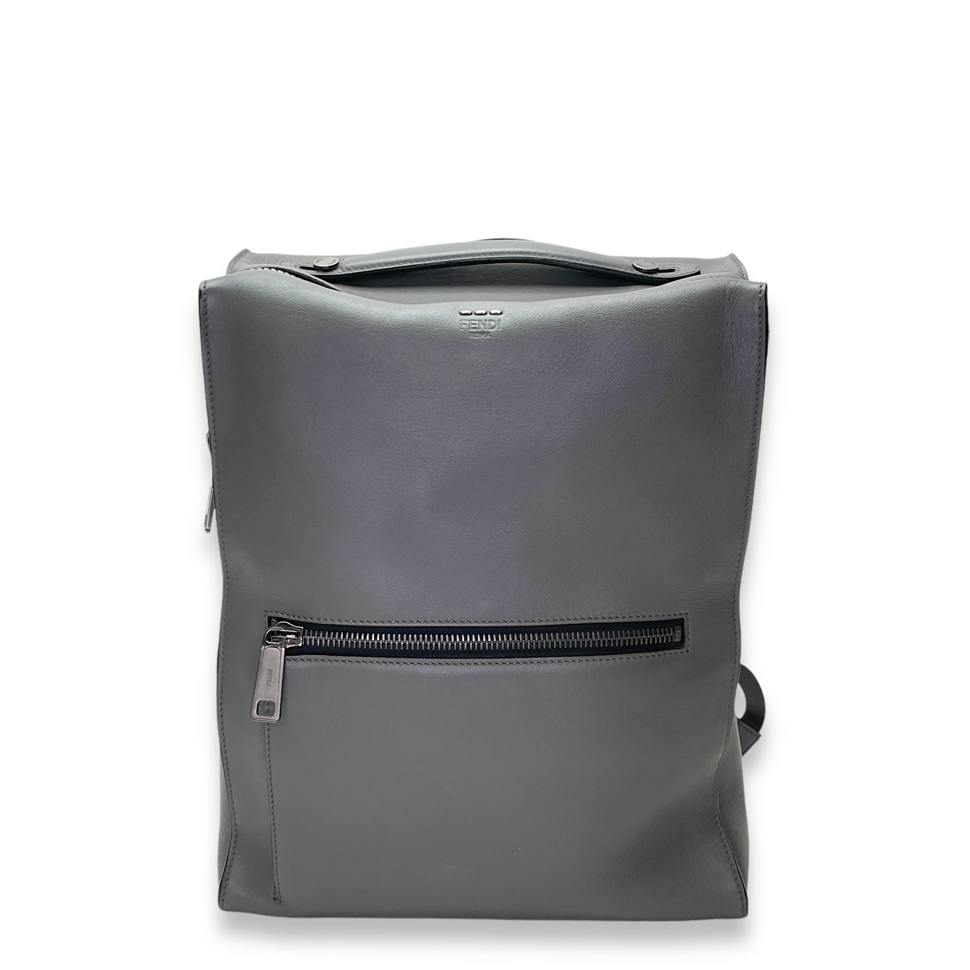 Logo Grey Backpack in Calfskin, Silver hardware