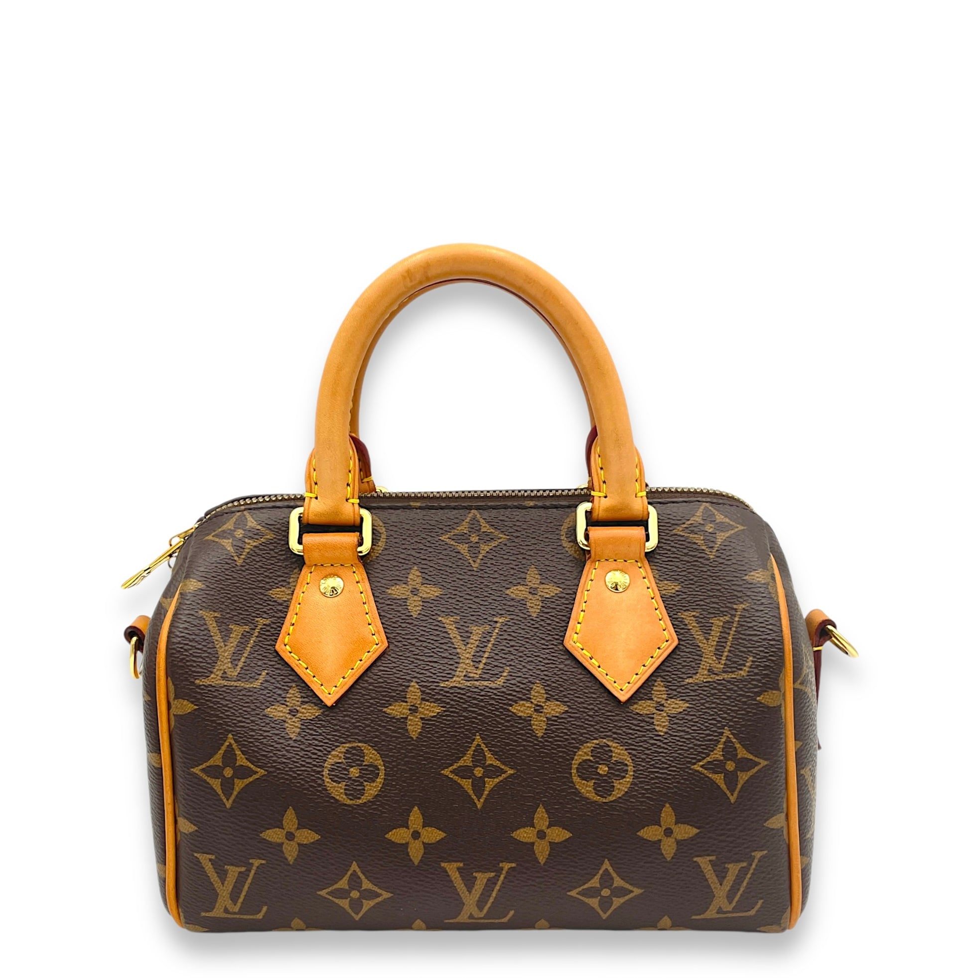 Speedy Bandouliere 20 Brown Top Handle Bag in Monogram Coated Canvas, Gold hardware