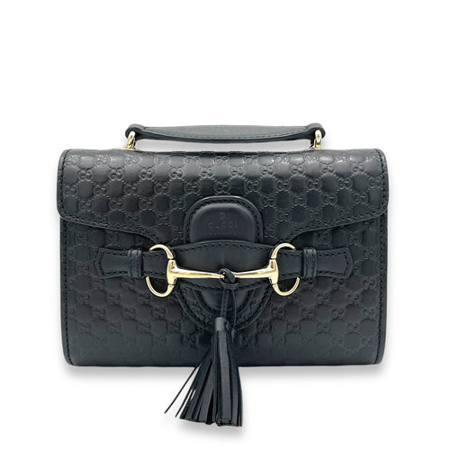 Microguccissima Mini Emily Black Crossbody Bag in Calfskin, Gold hardware