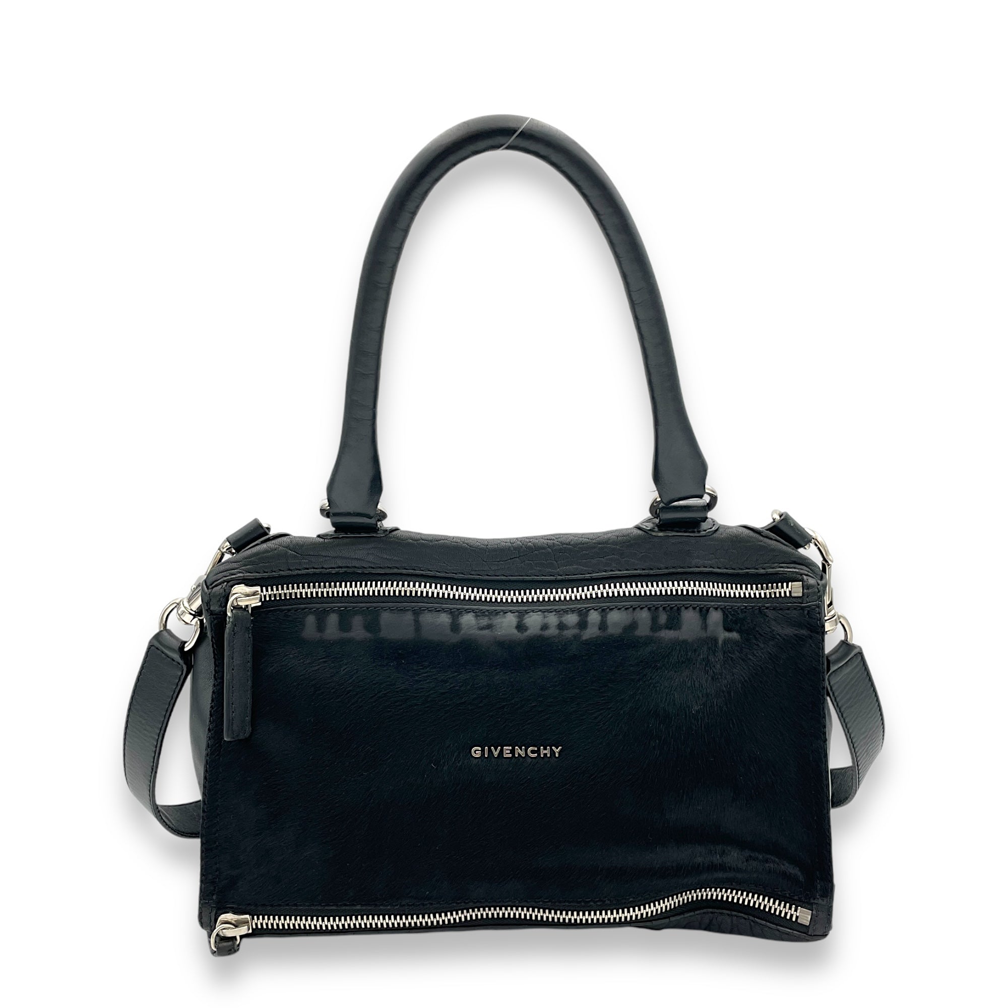 Pandora Medium Black Shoulder Bag in Ponyhair Lambskin, Silver hardware