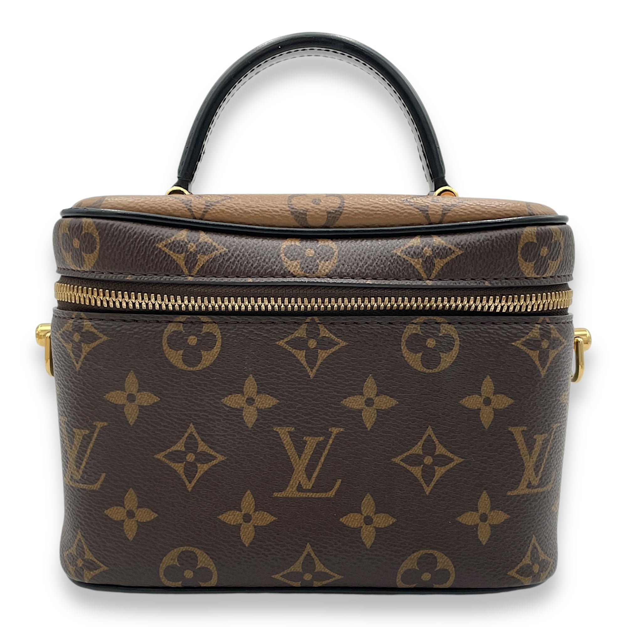 Reverse Vanity PM Brown Top Handle Bag in Monogram Coated Canvas, Gold hardware