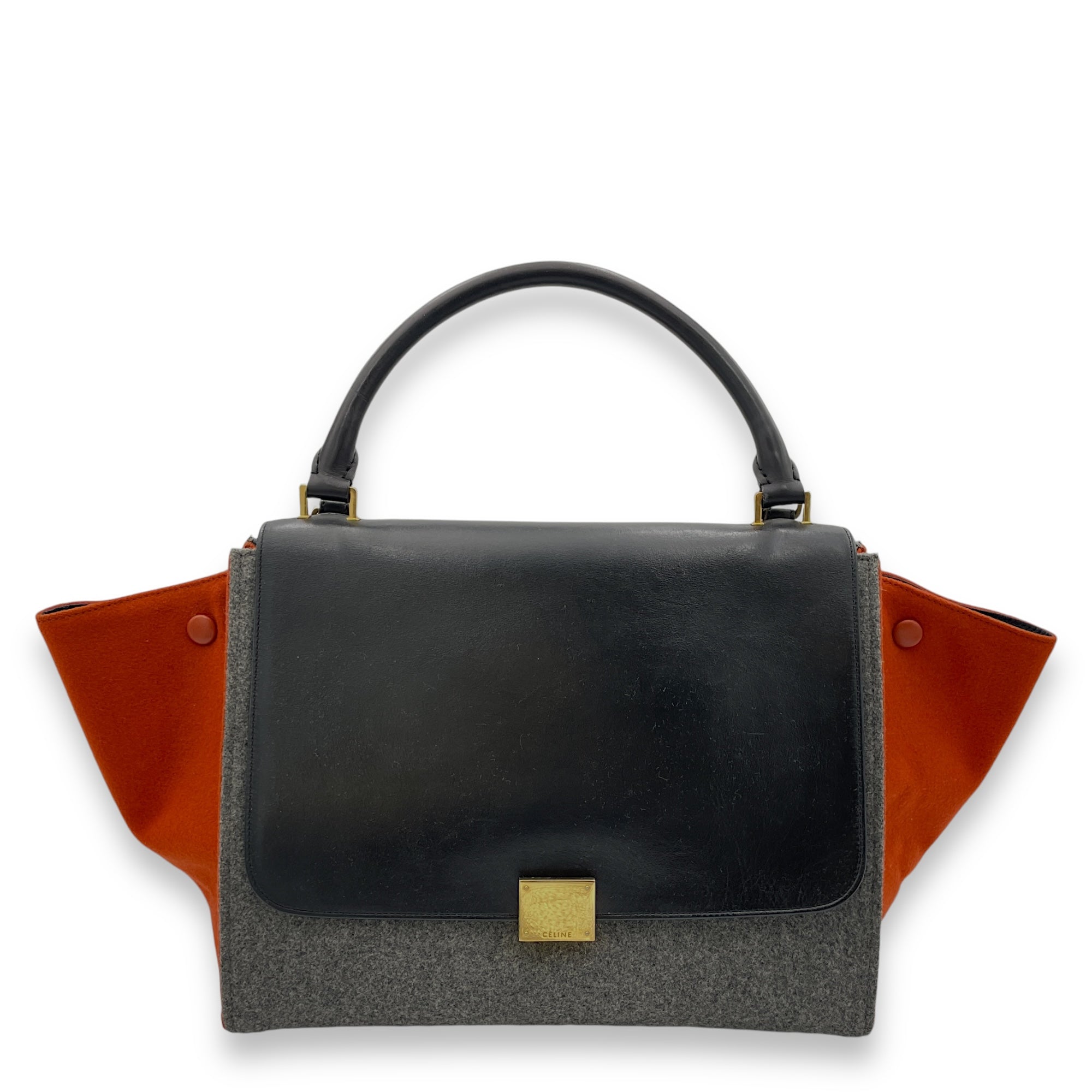 Trapeze Medium Grey Top Handle Bag in Felt Fabric, Gold hardware