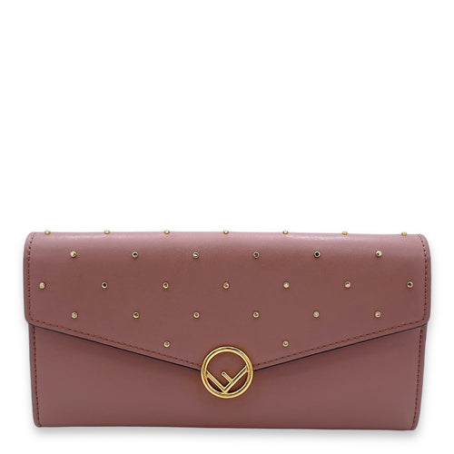 F logo Pink Wallet On Chain in Calfskin, Gold hardware