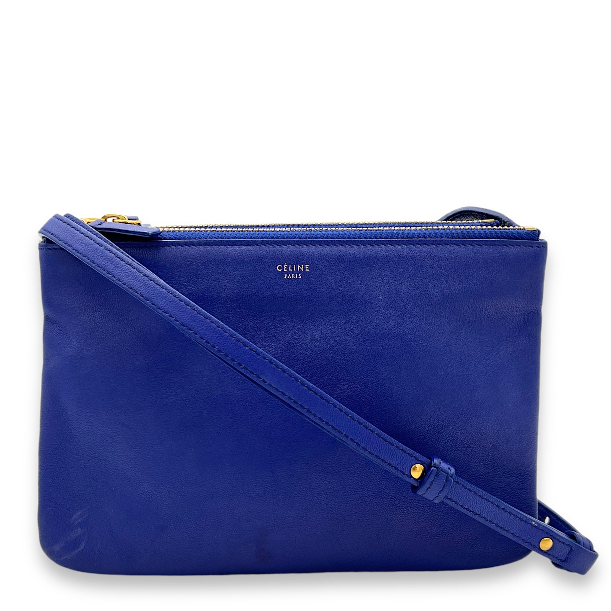 Trio Small Blue Crossbody Bag in Lambskin, Gold hardware