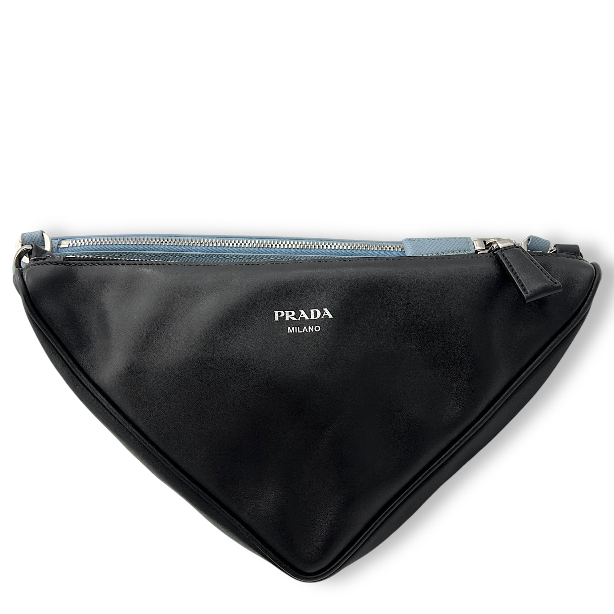 Double Triangle Logo Shoulder bag in Saffiano leather, Silver Hardware