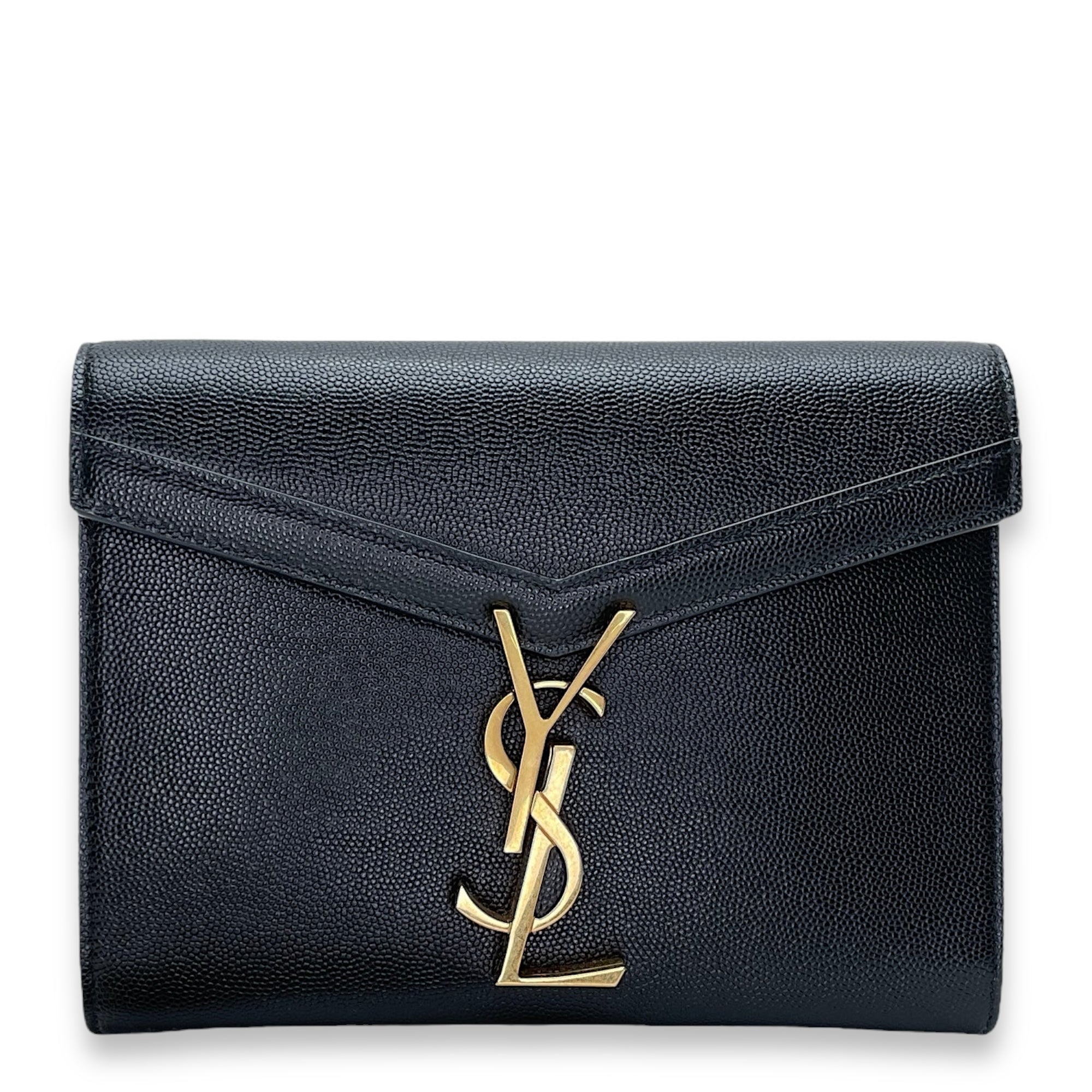 Cassandra Black Wallet On Chain in Calfskin, Gold hardware