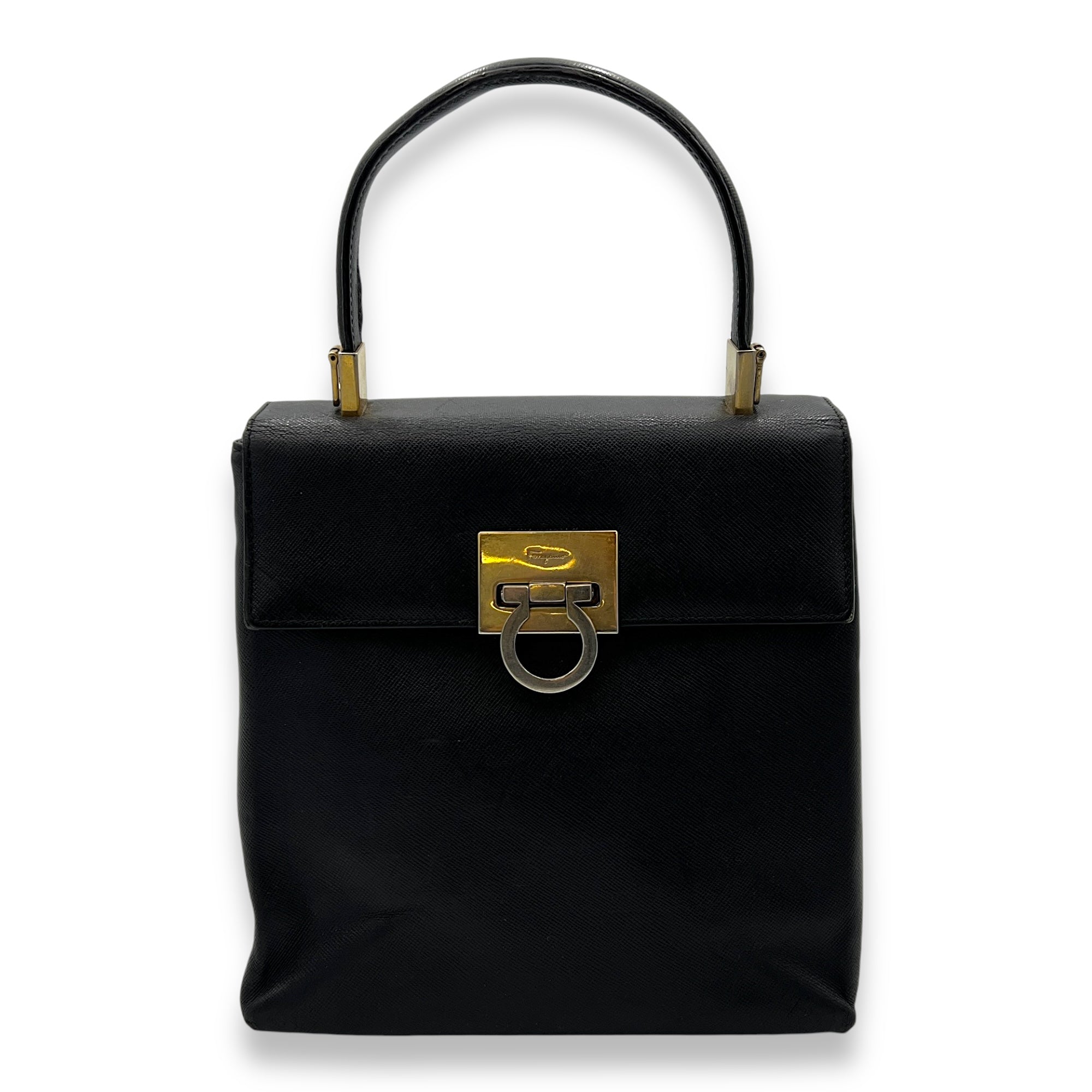 Gancini Top Handle Bag Black in Calfskin, Gold hardware