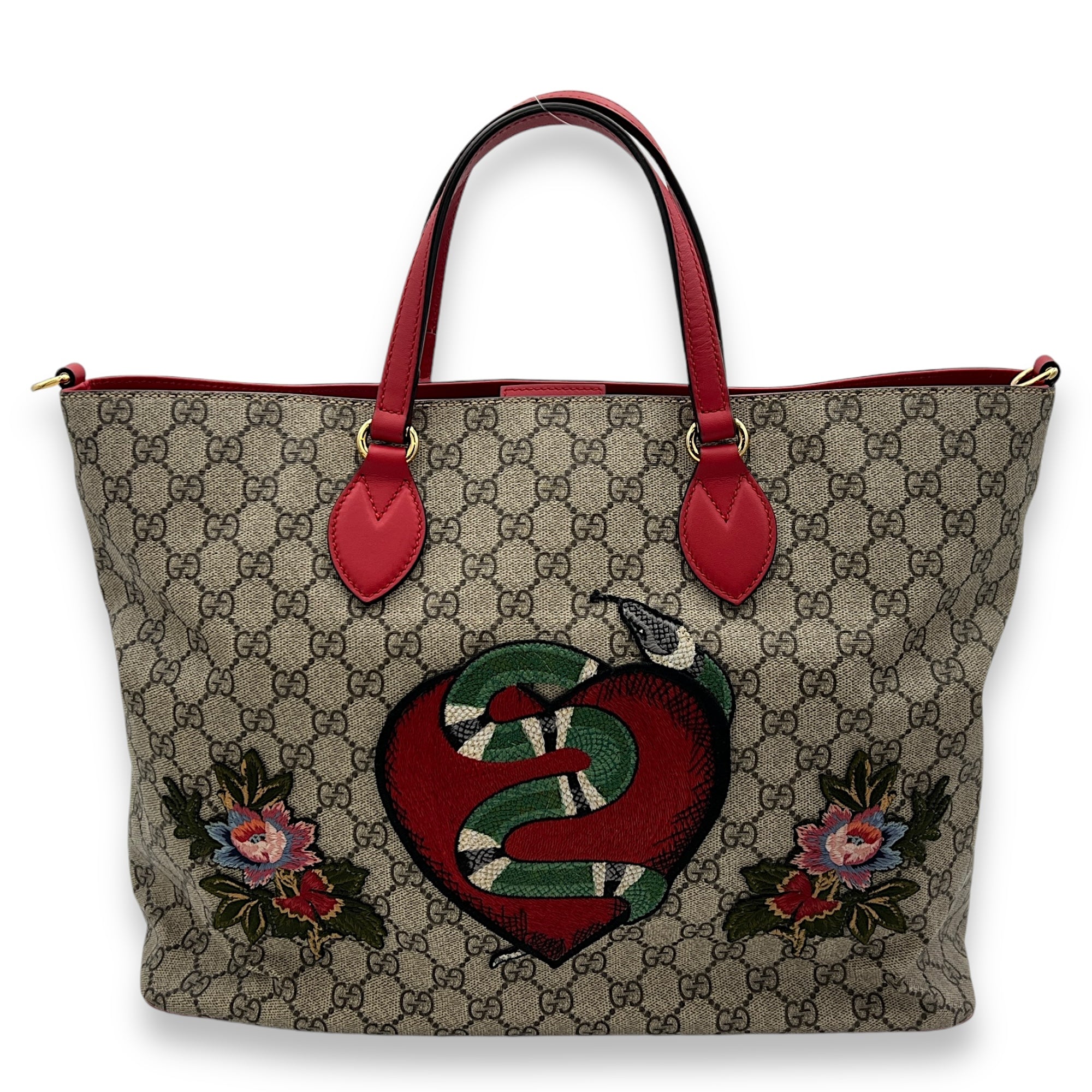 GG Supreme Snake Heart Embroidered Brown Top Handle Bag in Monogram Coated Canvas, Gold hardware