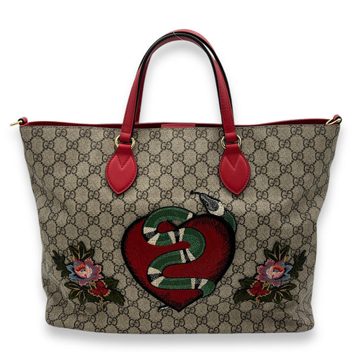 GG Supreme Snake Heart Embroidered Brown Top Handle Bag in Monogram Coated Canvas, Gold hardware