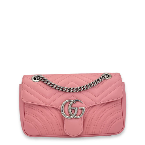 GG Marmont Small Pink Shoulder Bag in Calfskin, Silver hardware