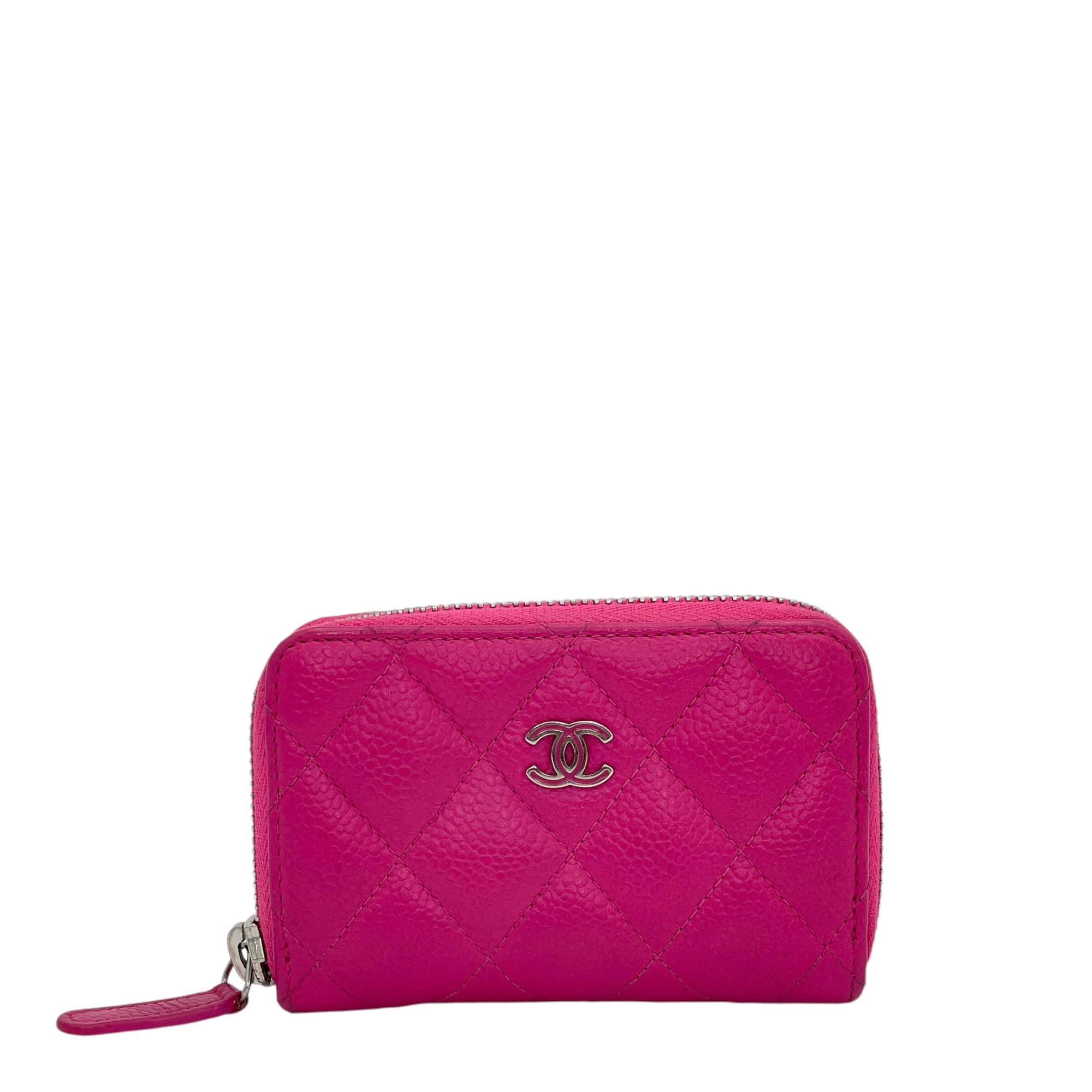 Quilted Timeless Compact Pink Wallet in Caviar Leather, Silver hardware