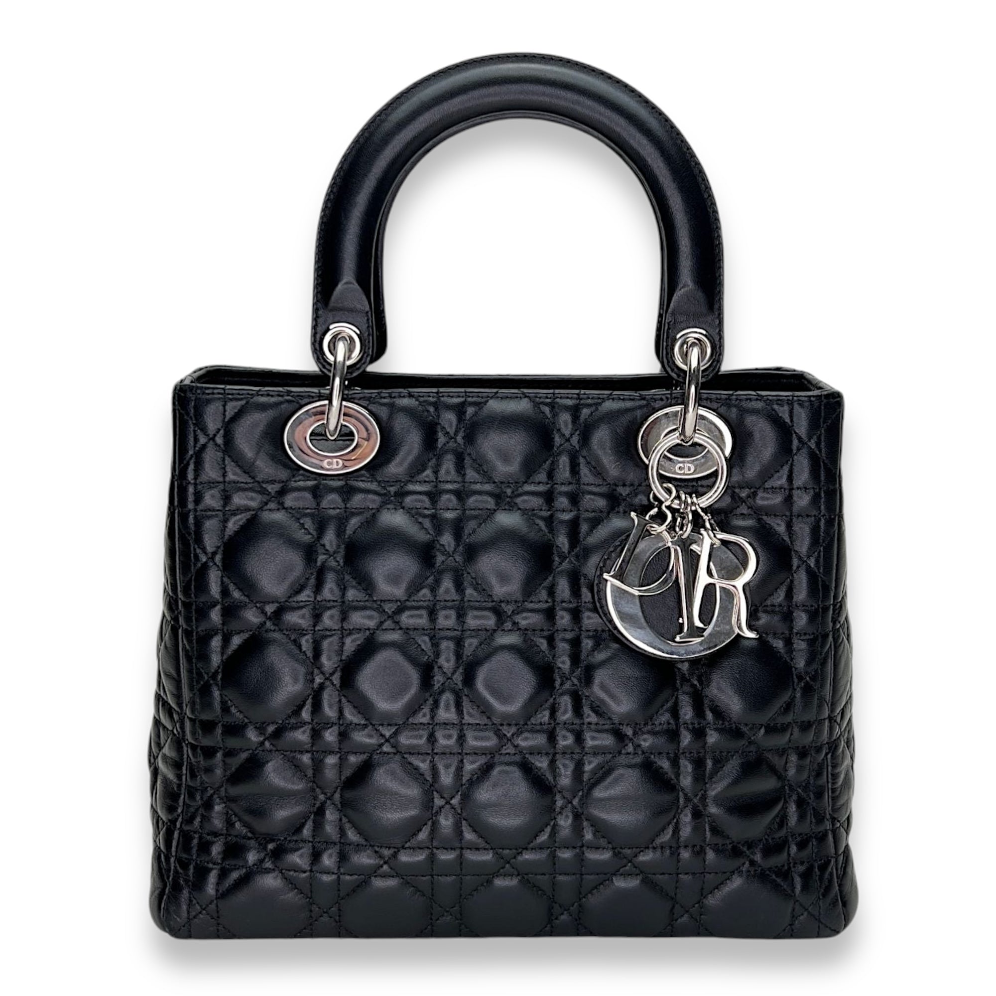 Lady Dior Medium Top handle bag in Lambskin, Silver Hardware