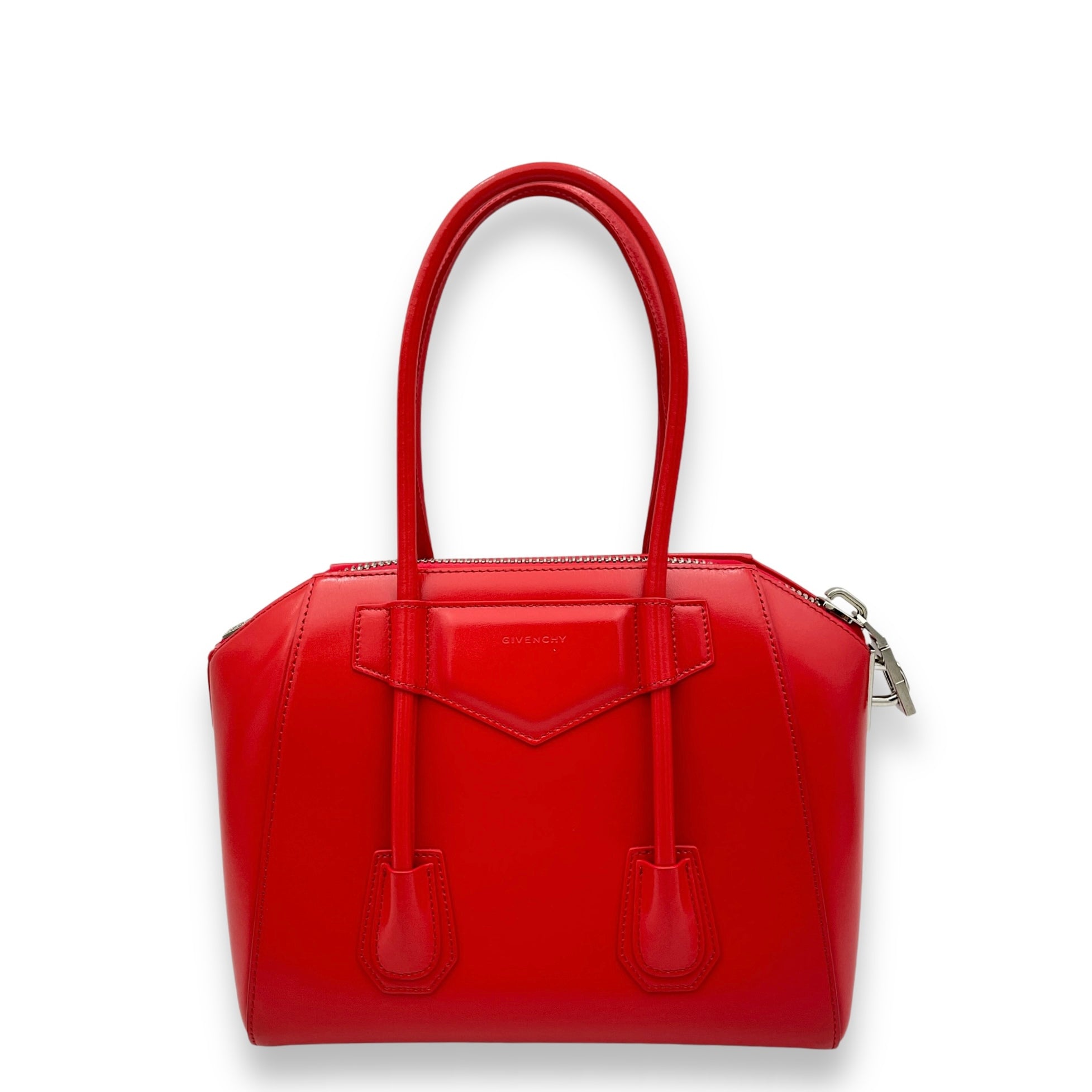 Lock Antigona Small Red Top Handle Bag in Calfskin, Silver hardware