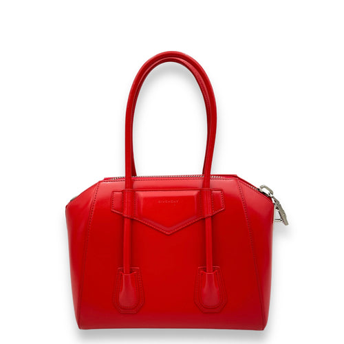 Lock Antigona Small Red Top Handle Bag in Calfskin, Silver hardware