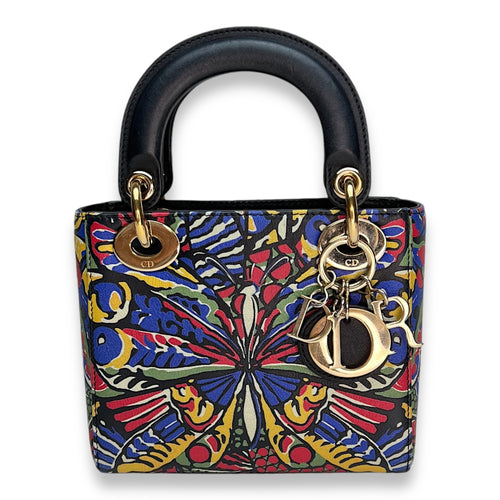 Butterfly Print Lady Dior mini Top handle bag in Calfskin, Gold Hardware