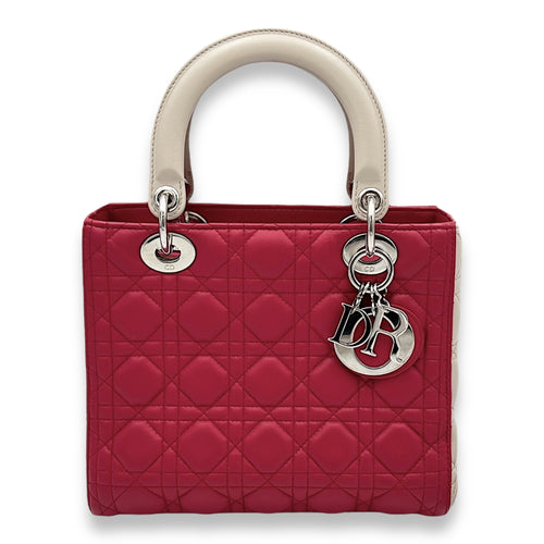 Lady Dior Medium Pink Top Handle Bag in Lambskin, Silver hardware