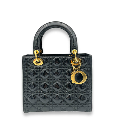 Lady Dior Medium Black Top Handle Bag in Patent Leather, Gold hardware