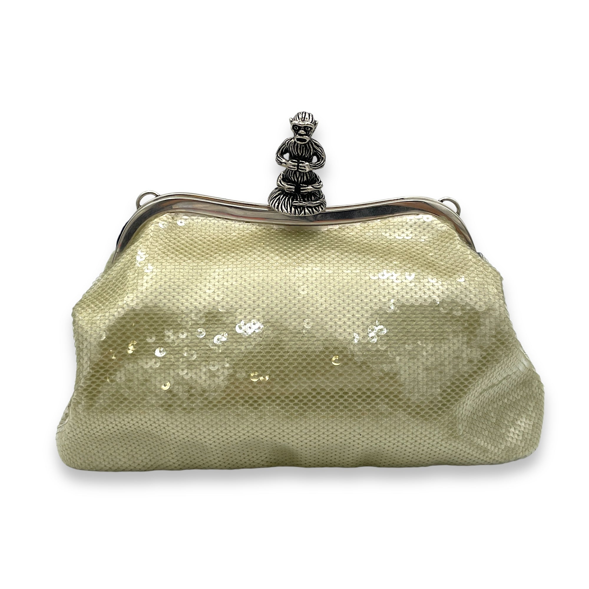 Monkey Closure  Clutch in Sequins, Silver Hardware