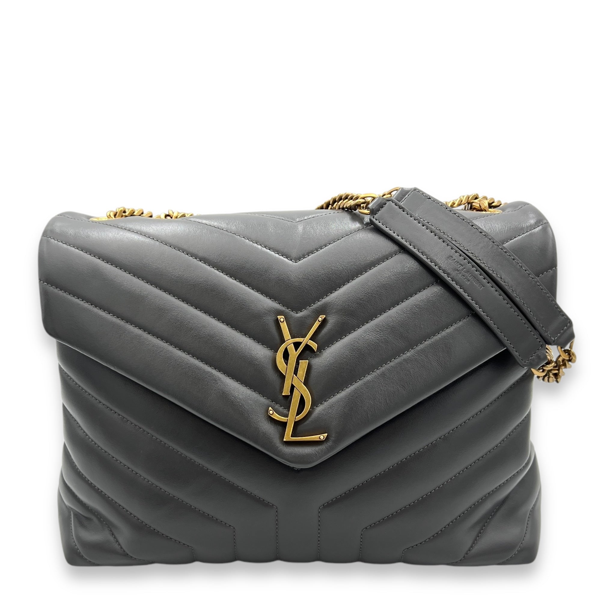 Loulou Medium Grey Shoulder Bag in Calfskin, Gold hardware