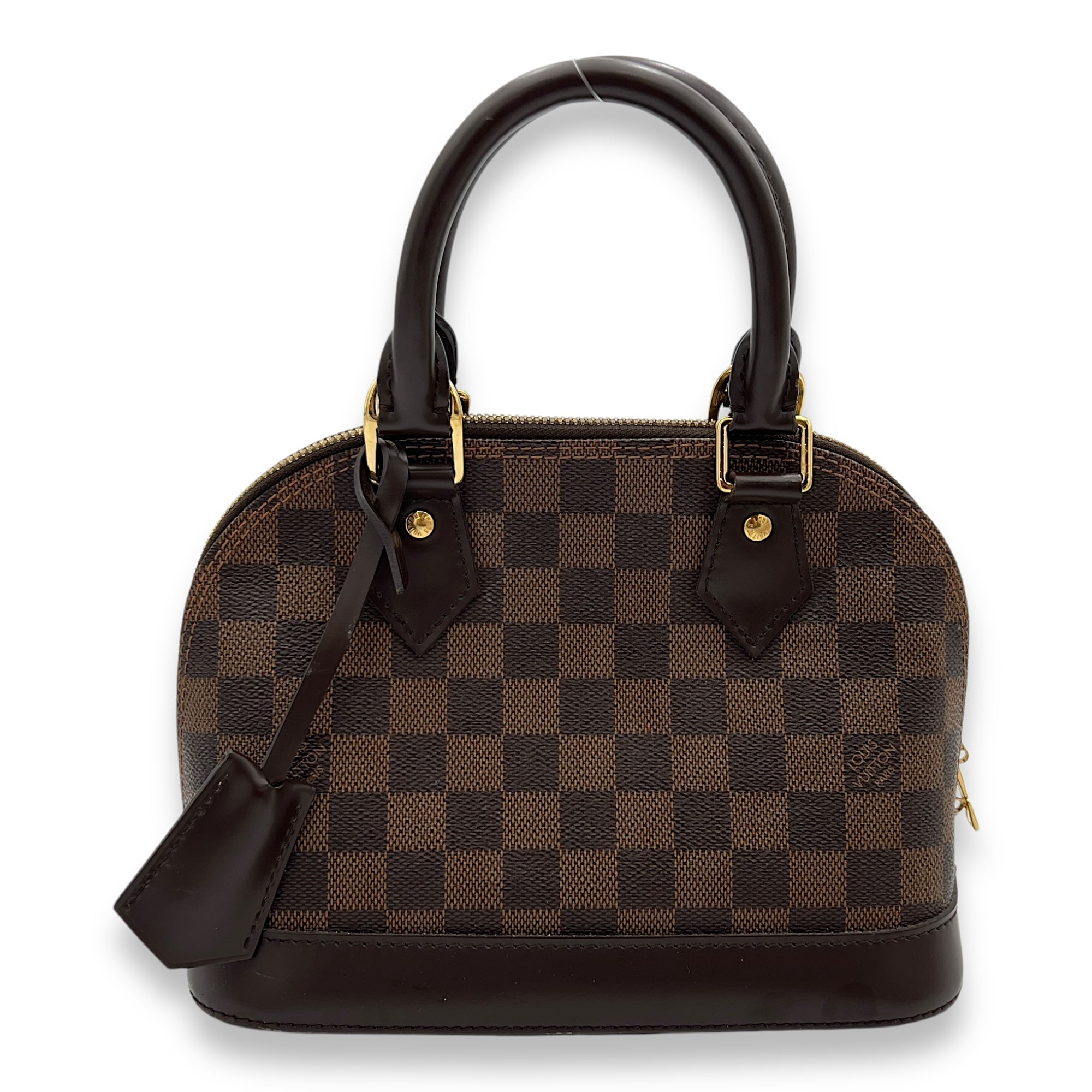 Alma BB Damier Ebene Top Handle Bag in Coated Canvas, Gold hardware