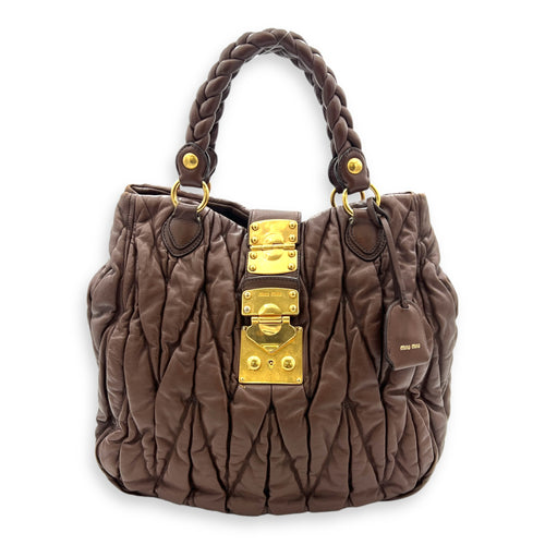 Matelassé Brown Top Handle Bag in Calfskin, Gold hardware