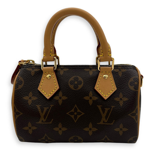 Speedy Bandouliere Nano Brown Top Handle Bag in Monogram Coated Canvas, Gold hardware