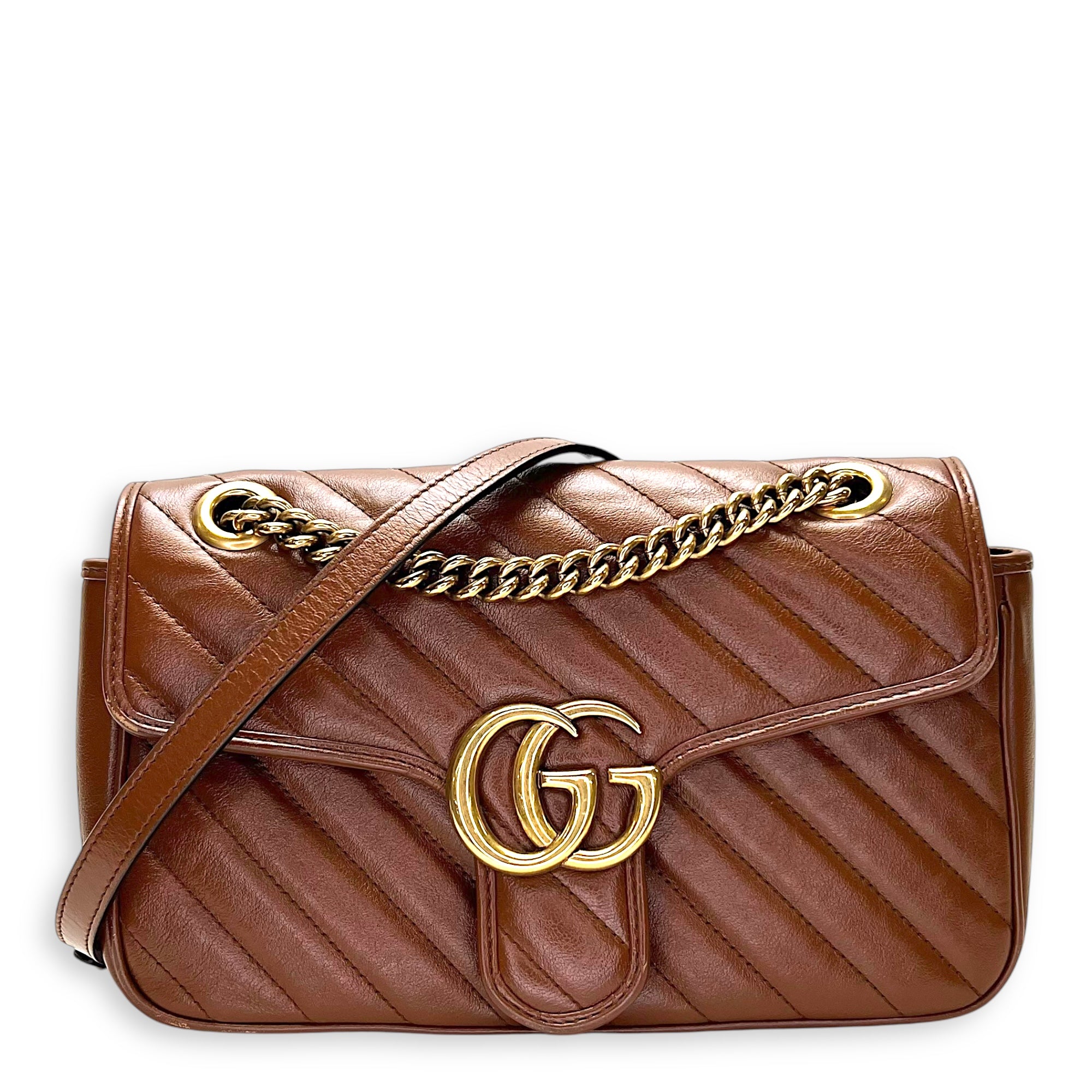 marmont Shoulder Bag Small Brown in Calfskin, Gold hardware