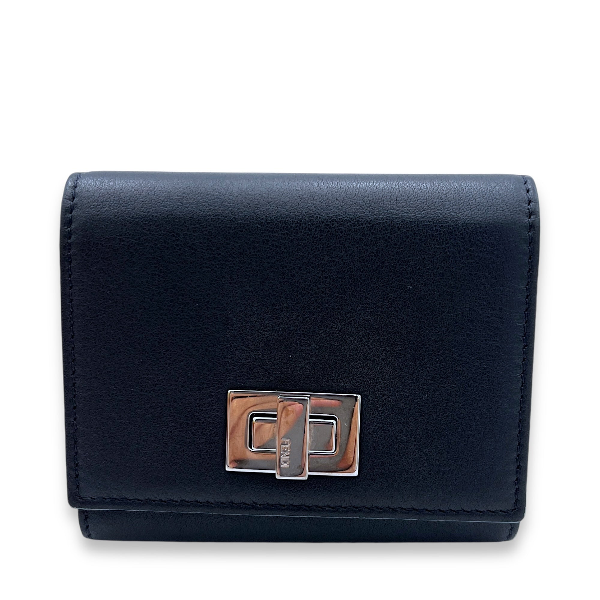 Flap Compact Black Card Holder in Calfskin, Silver hardware