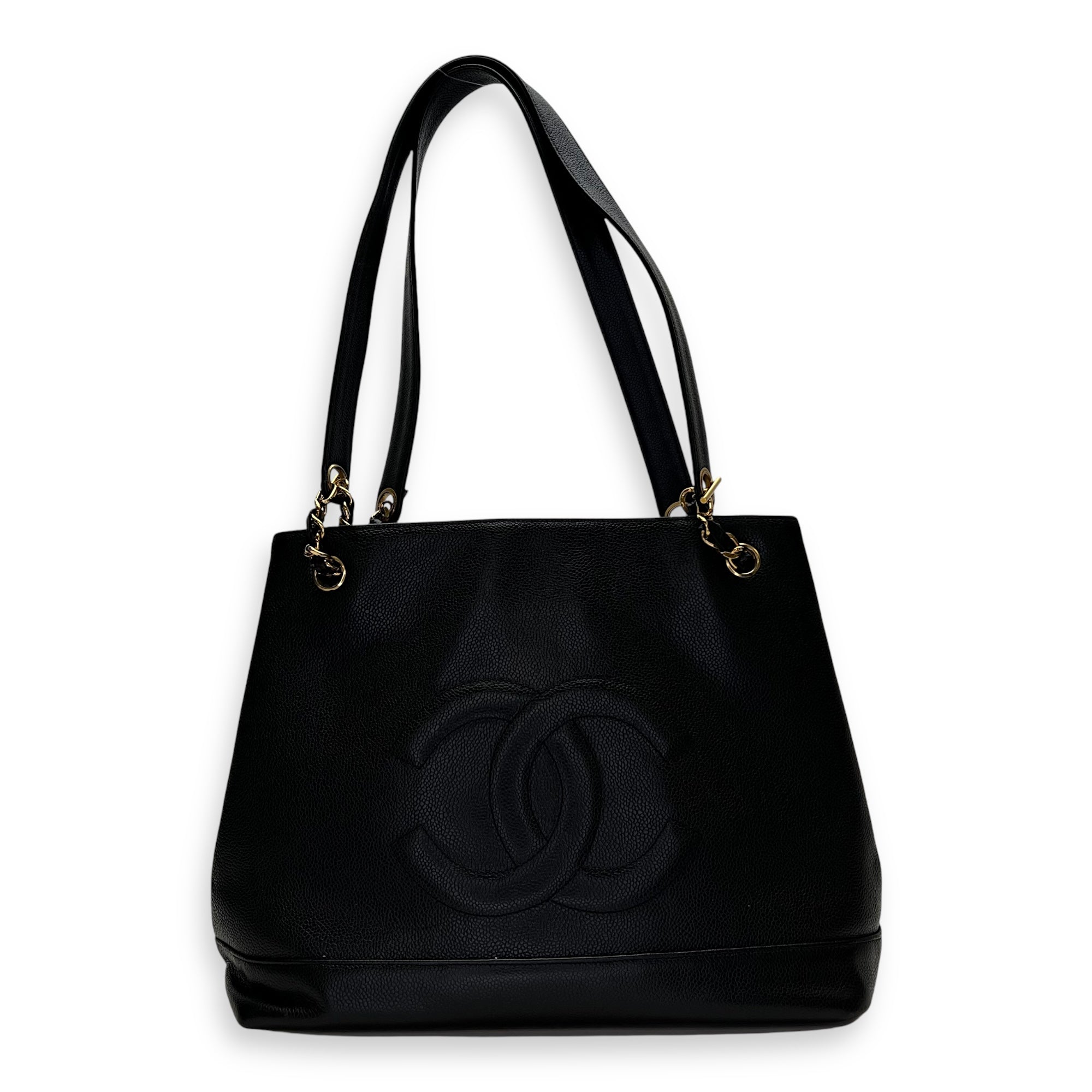 CC Vintage Black Tote Bag in Caviar Leather, Gold hardware