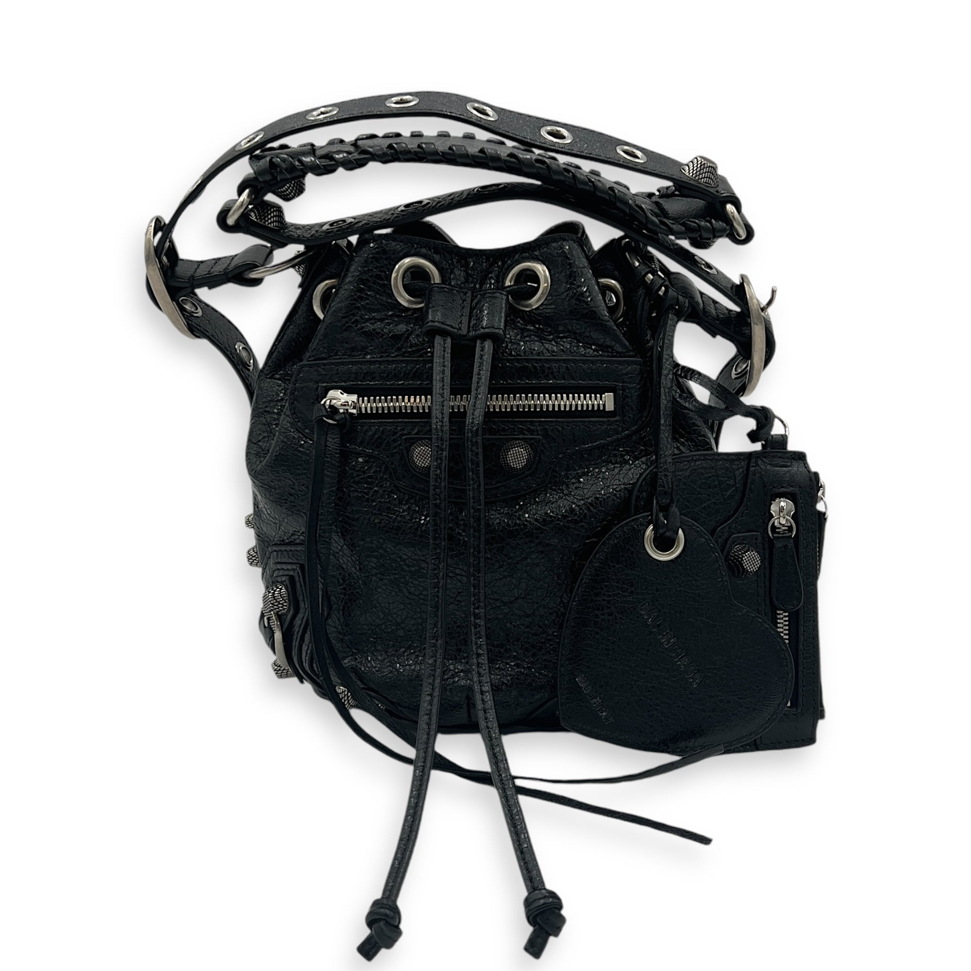 Le Cagole XS Black Bucket Bag in Lambskin, Silver hardware