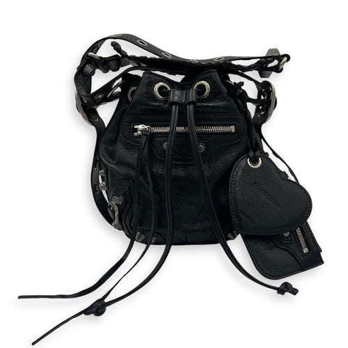 Le Cagole XS Black Bucket Bag in Distressed Leather, Silver hardware