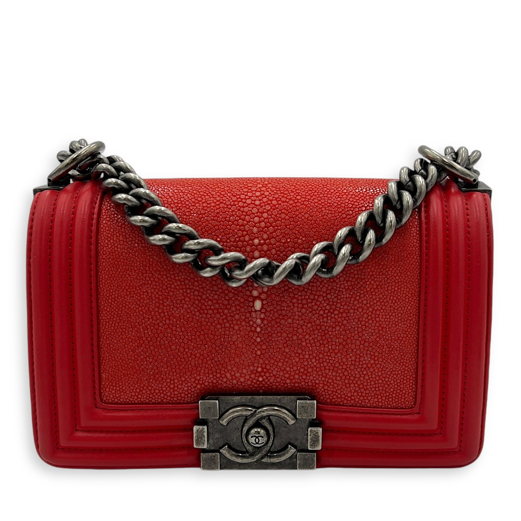 Boy Red Shoulder Bag in Stingray Leather, Ruthenium hardware