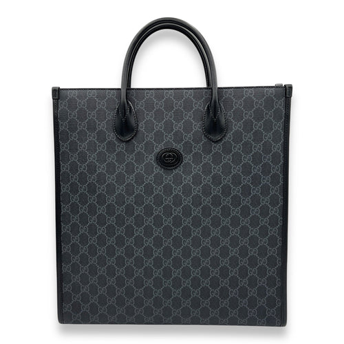 Interlocking G Tote Bag Medium Black in Monogram Coated Canvas, Silver hardware