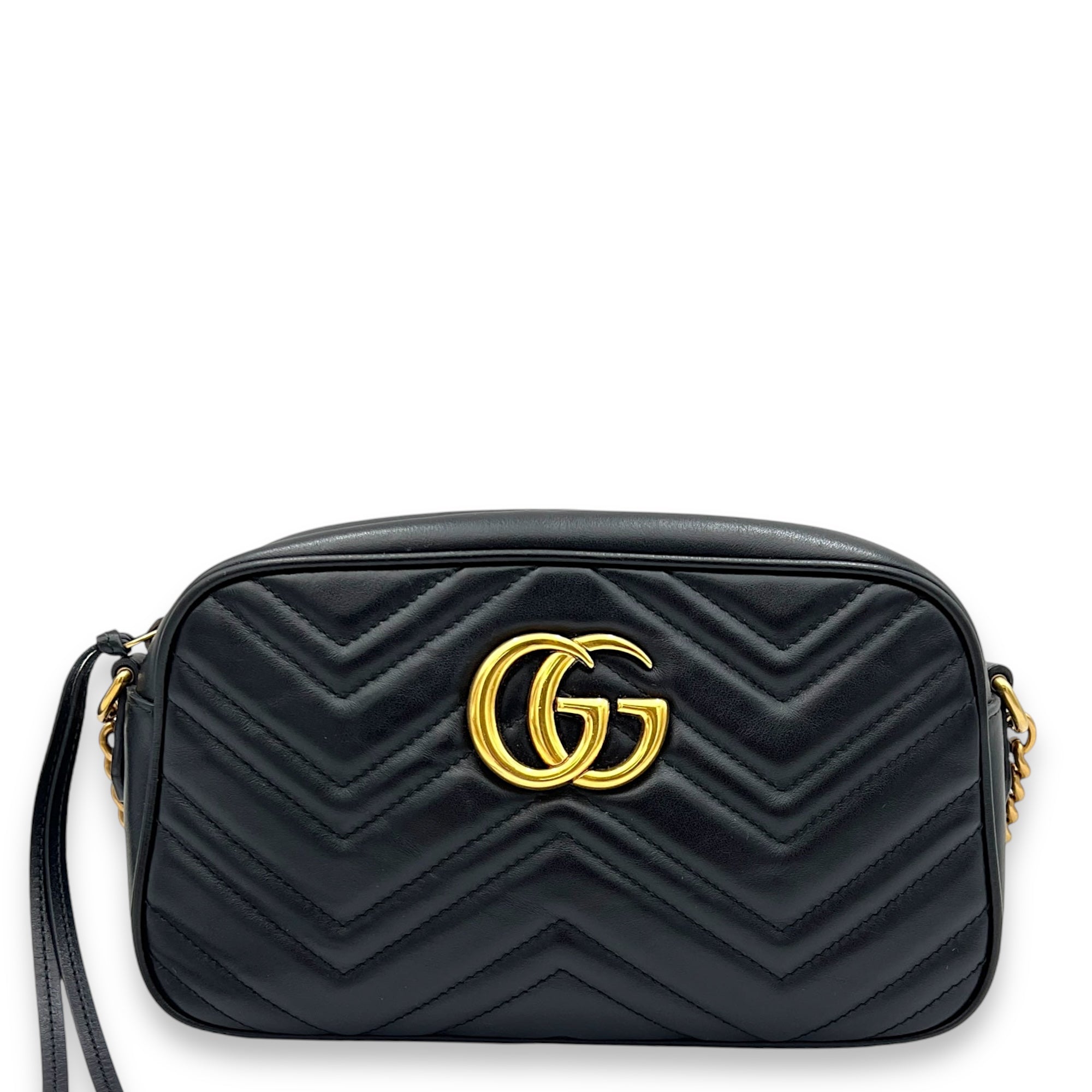 GG Marmont Small Black Crossbody Bag in Calfskin, Gold hardware