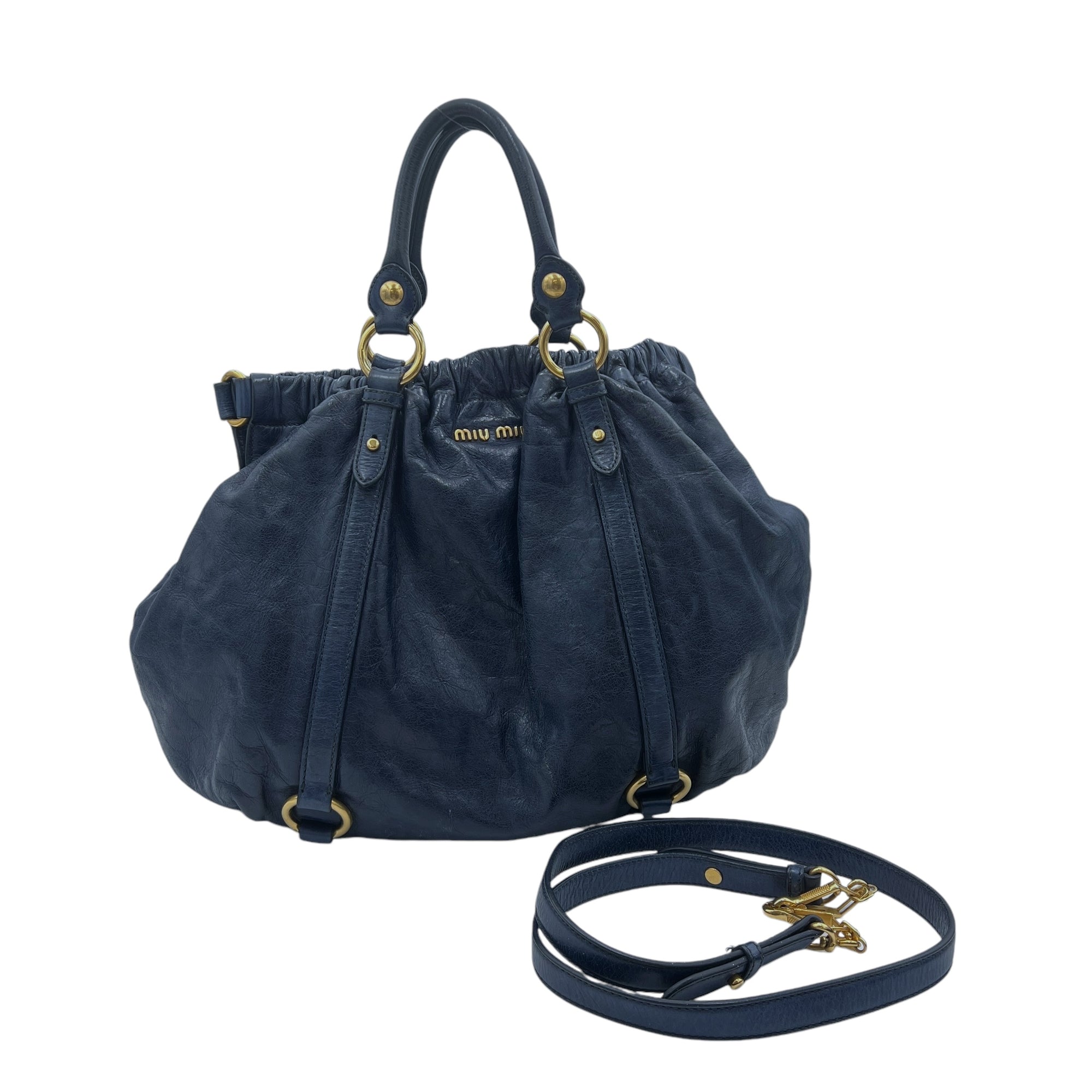 Vitello Lux Blue Top Handle Bag in Distressed Leather, Gold hardware